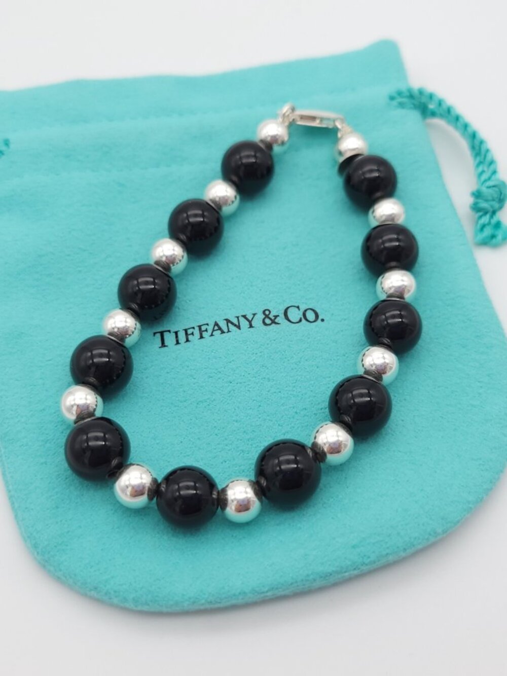Vintage Tiffany & Co. Sterling Silver & 10mm Black Onyx Bead 8 Inch Bracelet